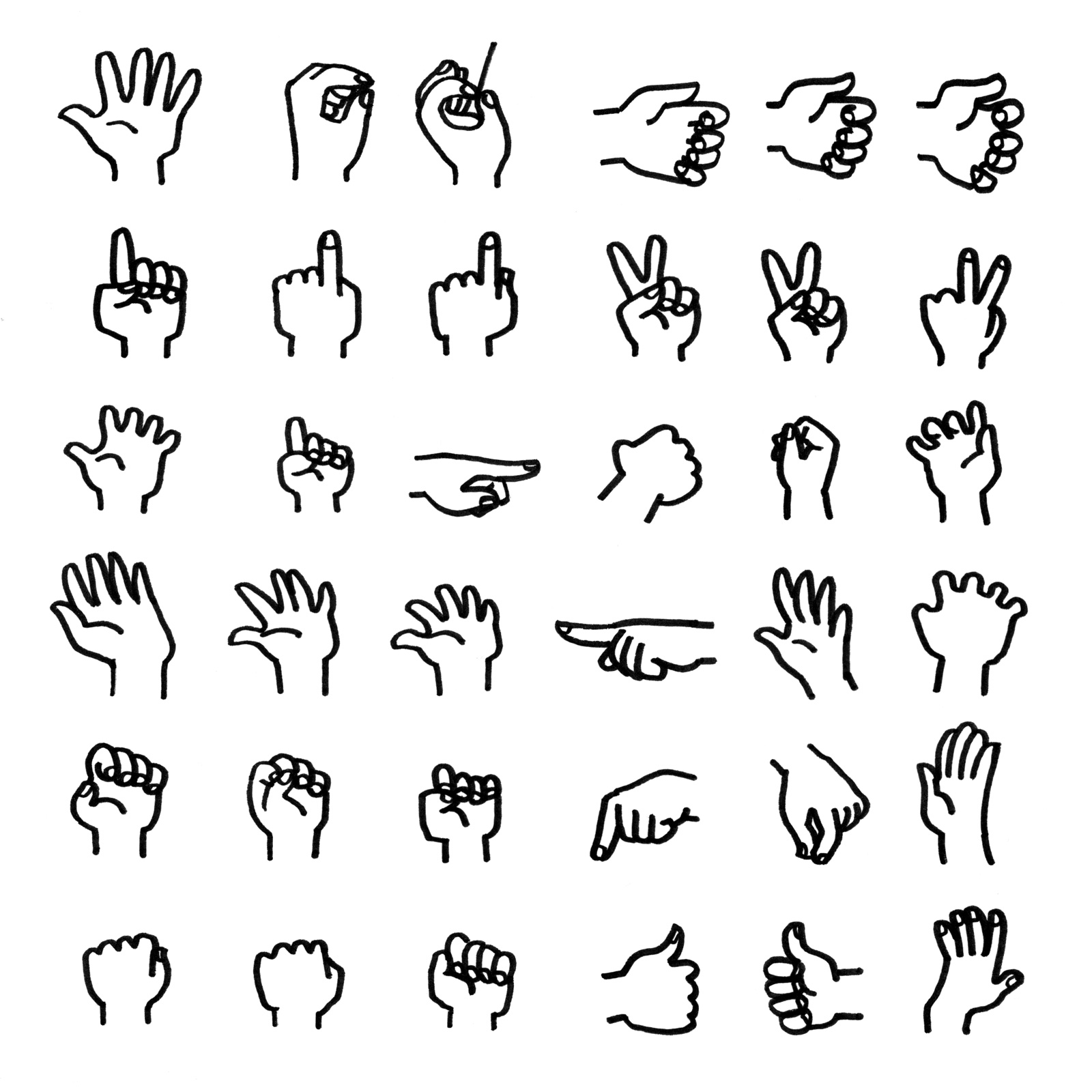 A six by six grid of lumpy hand doodles in various poses, some lumpier than others....