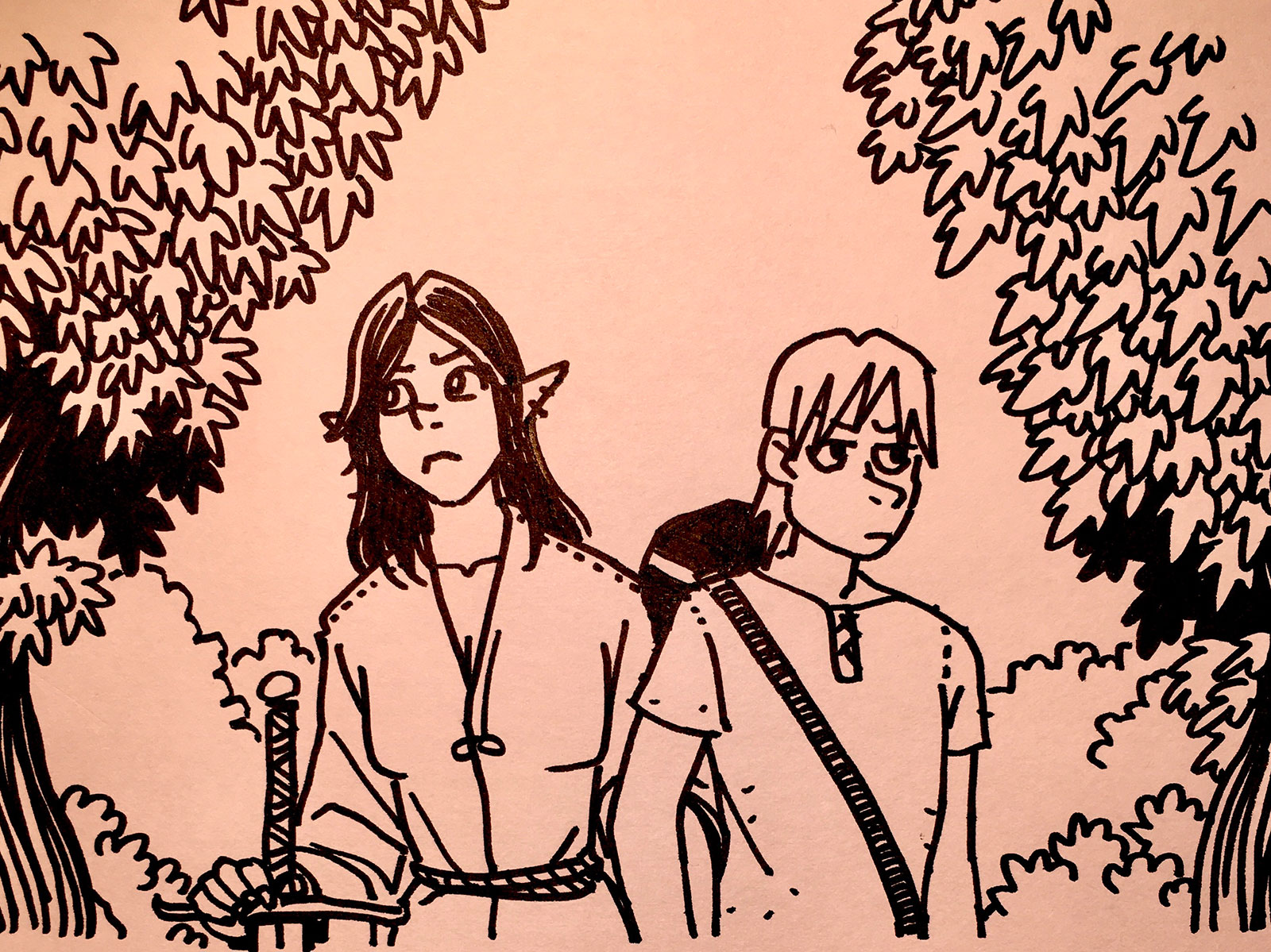 Oxengli and Glin walk through the forest hand in hand, looking out for signs of trouble. Oxengli carries a battered but serviceable greatsword that she slightly knows how to use.