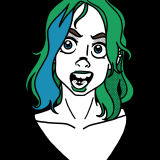 Eloise, a girl with dyed green and blue hair, and several piercings. She looks excited.