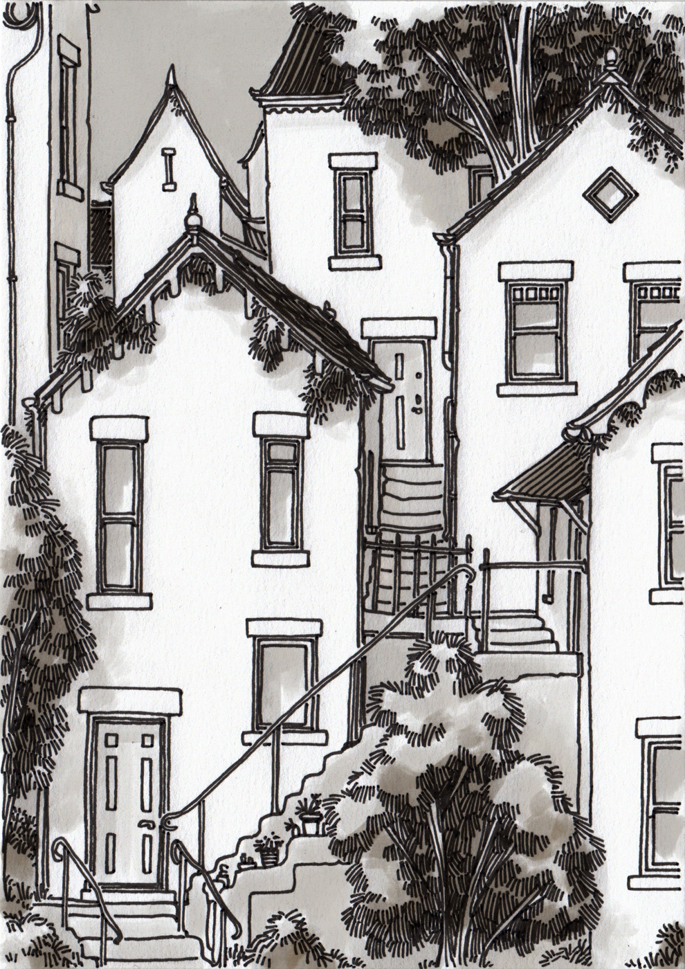 Houses in elevation, staggered up a hillside, with steps winding up between them. Trees poke out in various places.